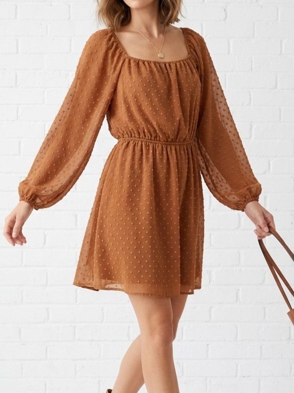 André by Unit Swiss Dot Mini Dress Small Brown Long Sleeve Cottagecore Boho